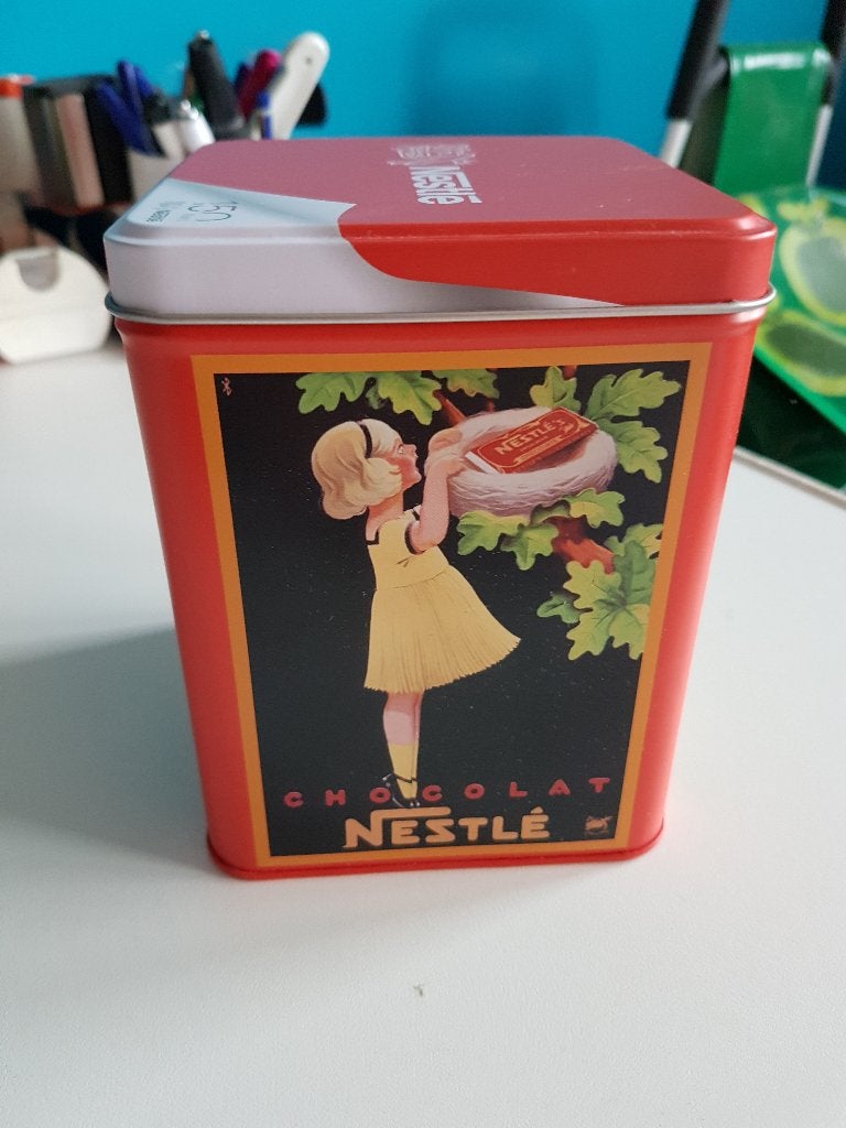 blikje Nestlé 150 jaar, zgan, ca. 14 x 11,5 x 10,5 cm, Verzamelen, Ophalen of Verzenden, Zo goed als nieuw, Overige