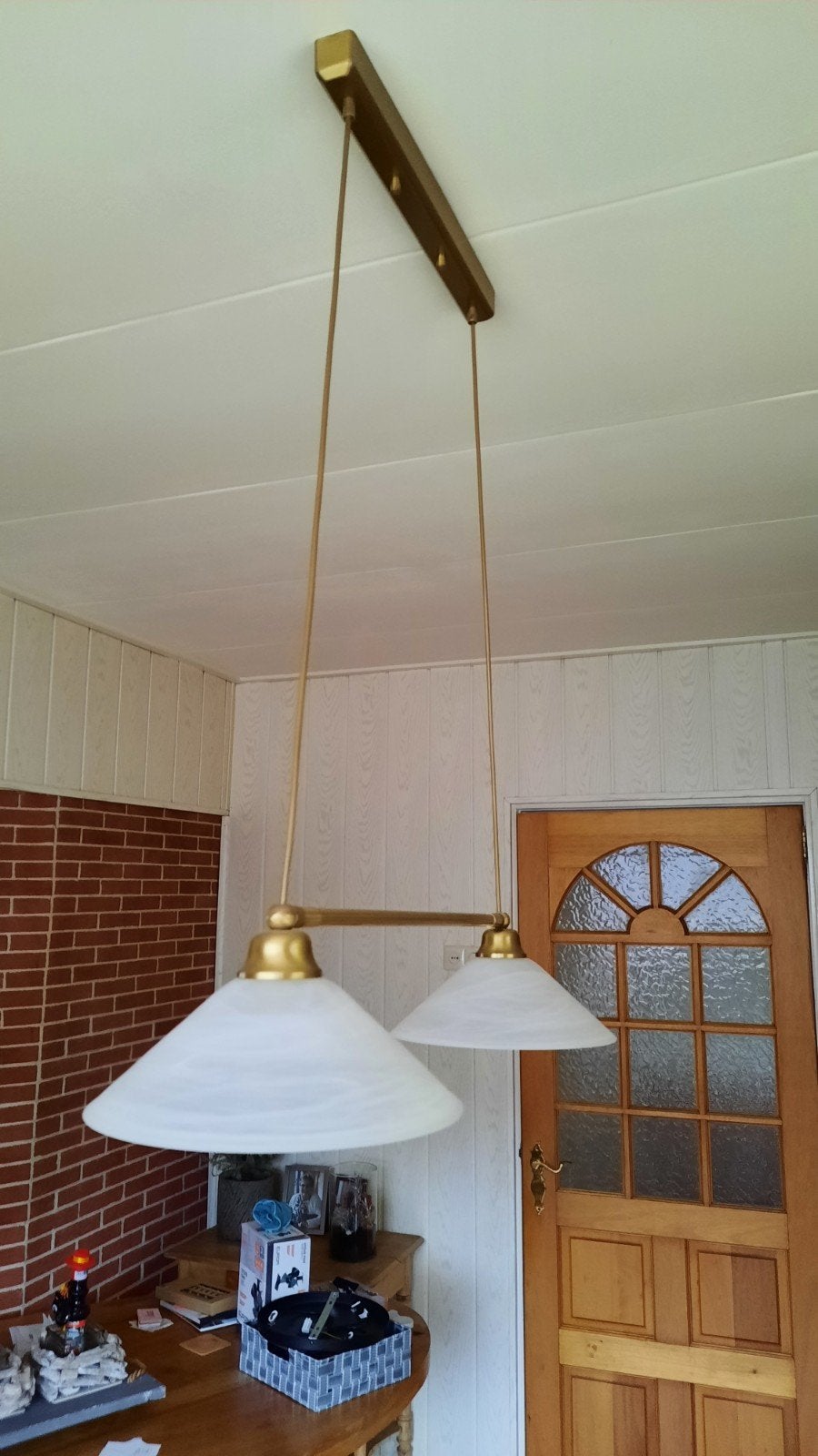 Bronskleurige Hanglamp met Matglazen Kelken - Grote Fitting, Ophalen of Verzenden, Gebruikt, Glas, E27 (groot)
