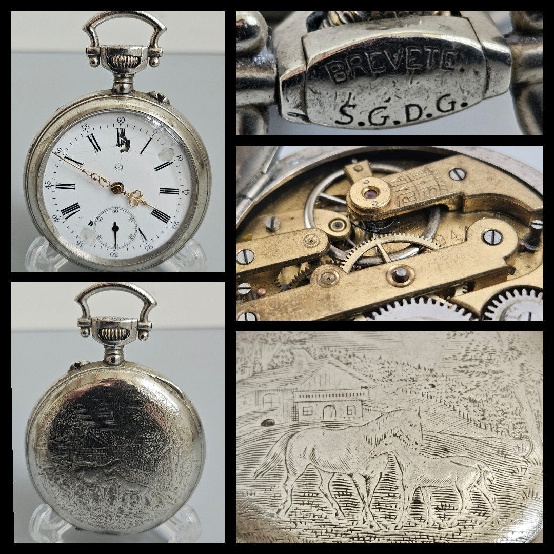 Antiek heren zakhorloge,  paarden gravure, Ophalen of Verzenden