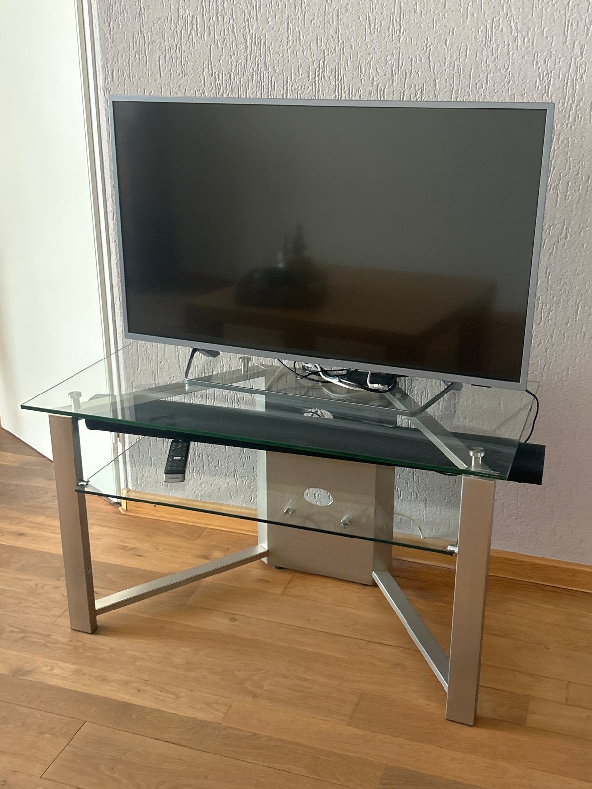 Glazen TV meubel met 2 planken, Ophalen, Gebruikt, 50 tot 100 cm, Glas
