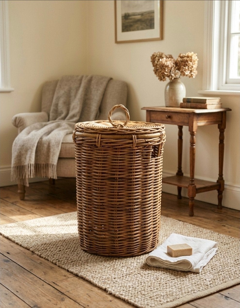 Rotan mand met deksel, Gebruikt, Mand, Rond, Riet