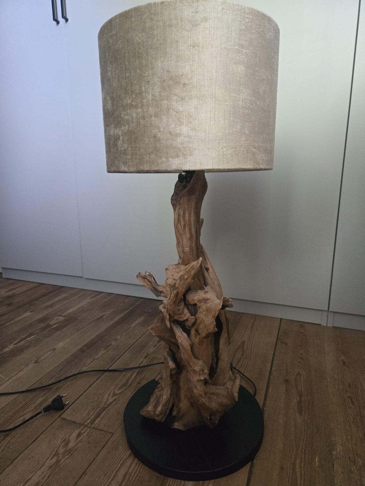 Schemerlamp van drijfhout met stoffen kap, Huis en Inrichting, Lampen | Vloerlampen, Ophalen of Verzenden, Zo goed als nieuw, Hout