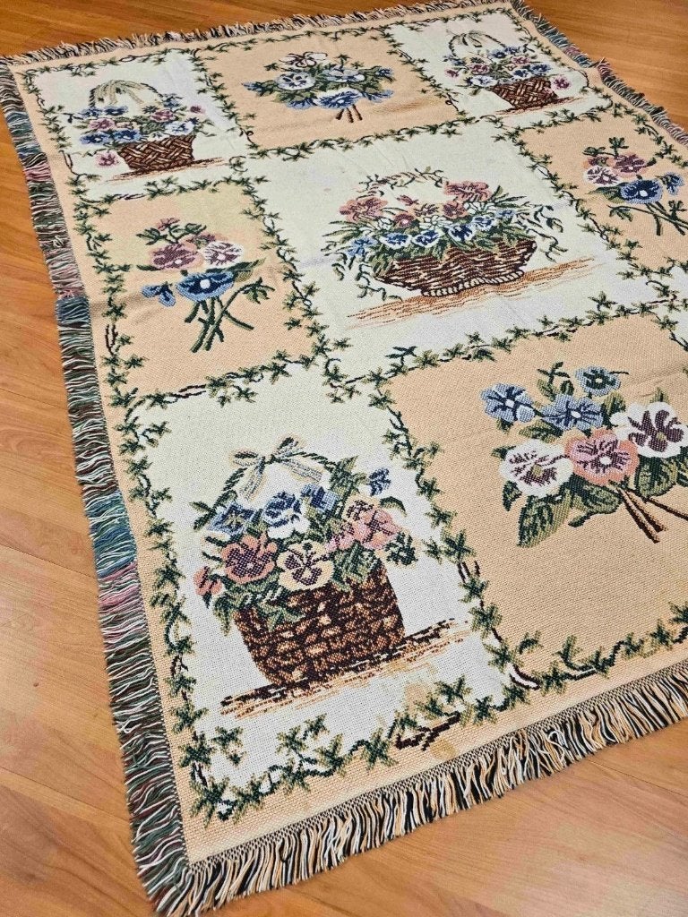 Foulard geruite zachte doek bloemen mandjes 154/119 cm, Wit, Djt@dejuistetoon.eu, Ophalen of Verzenden, Zo goed als nieuw