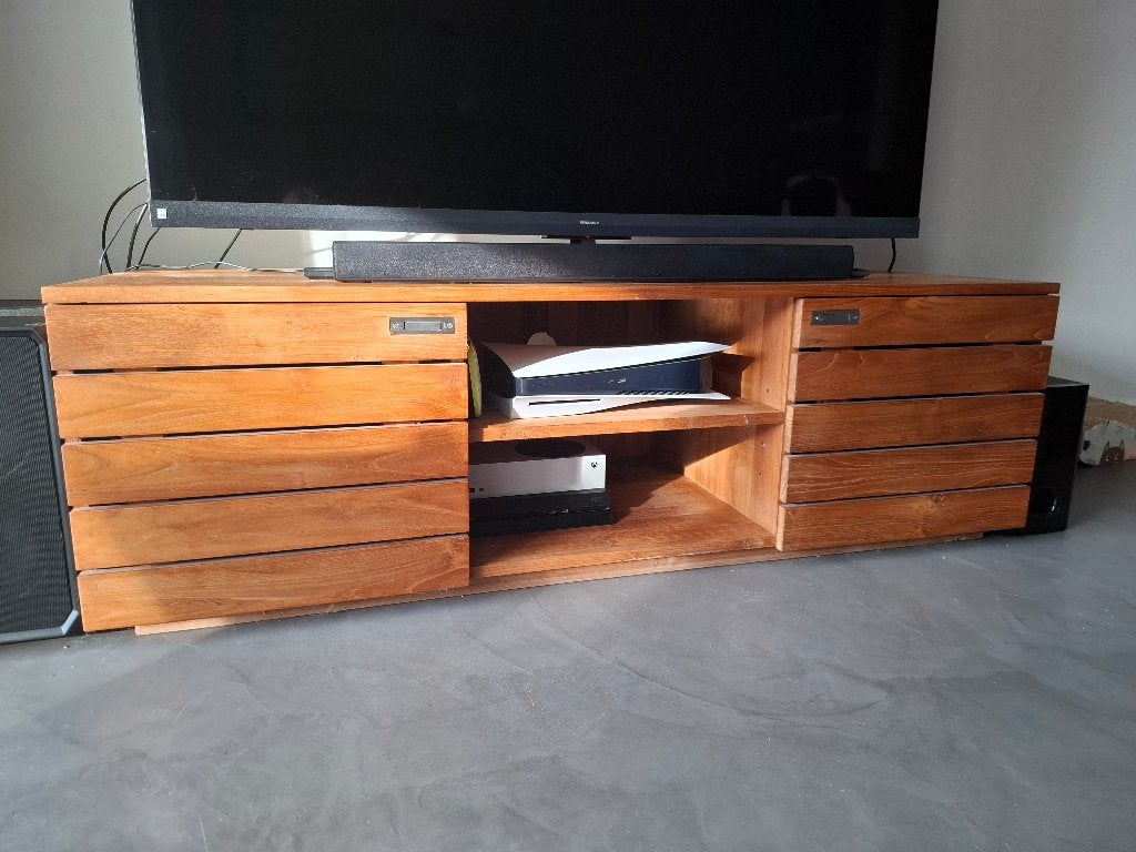 Massief teak houten tv meubel, Ophalen, Gebruikt, 150 tot 200 cm, Teakhout