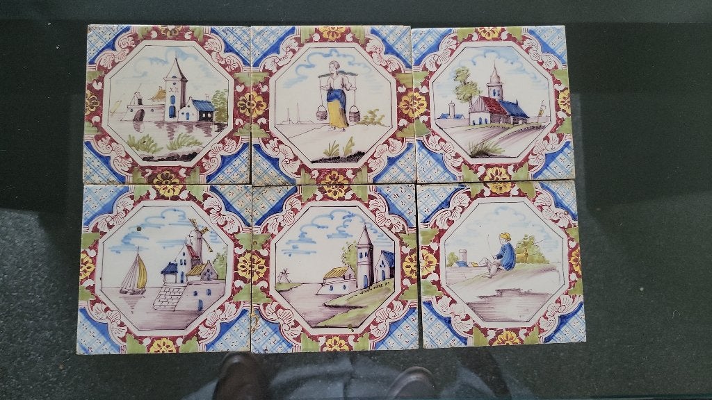 Zes antieke handgeschilderde wandtegels, Ophalen of Verzenden