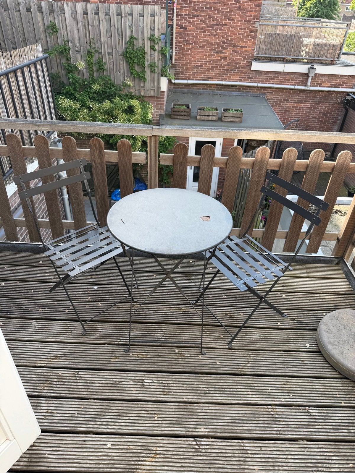 Balkonset Tafel en 2 stoelen, Ophalen, Gebruikt, Rond, Metaal
