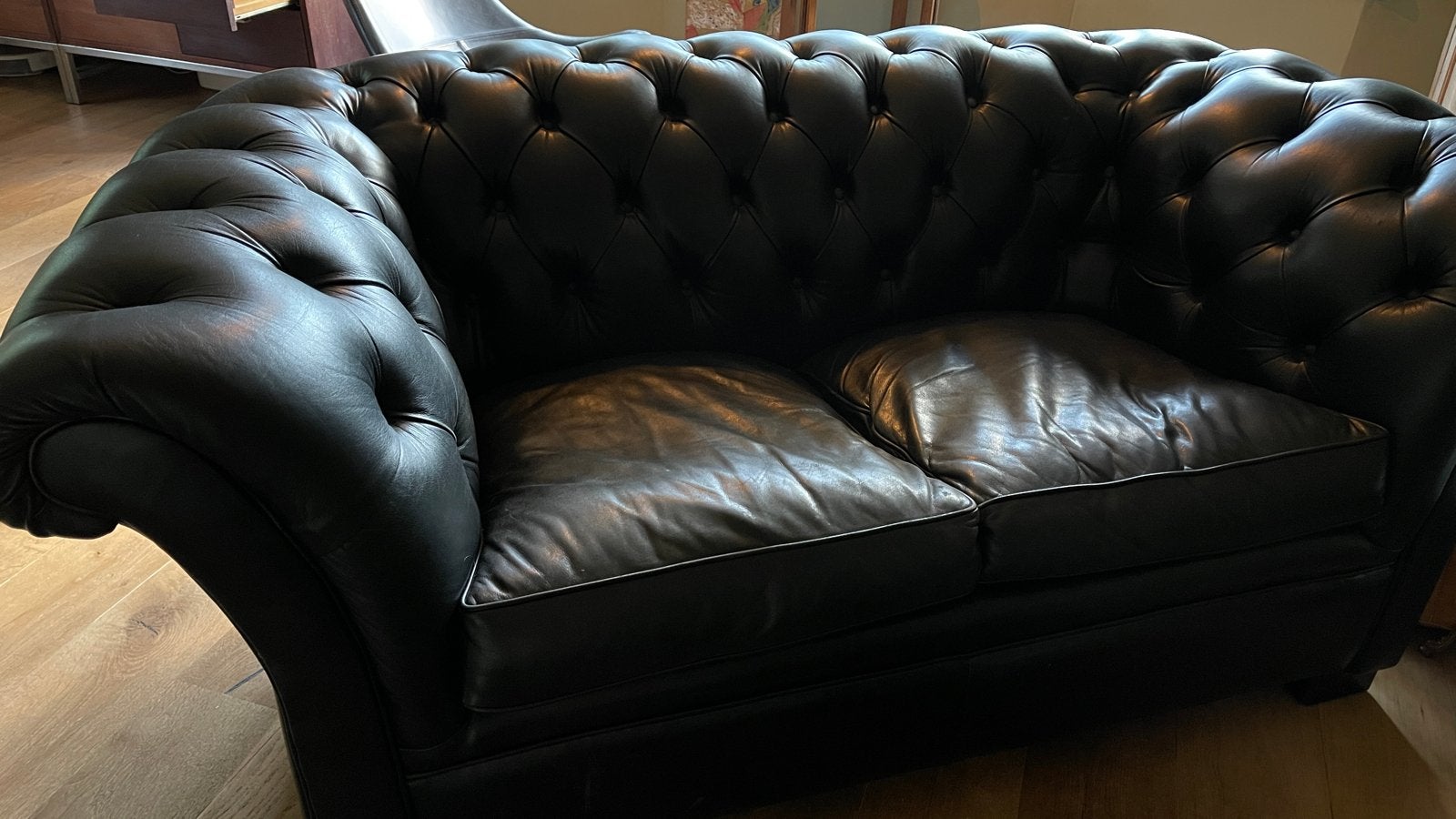 Luxe zwarte leren Chesterfield bank - 2-zits 175x90x80 cm., Ophalen, Gebruikt, 150 tot 200 cm, Chesterfield