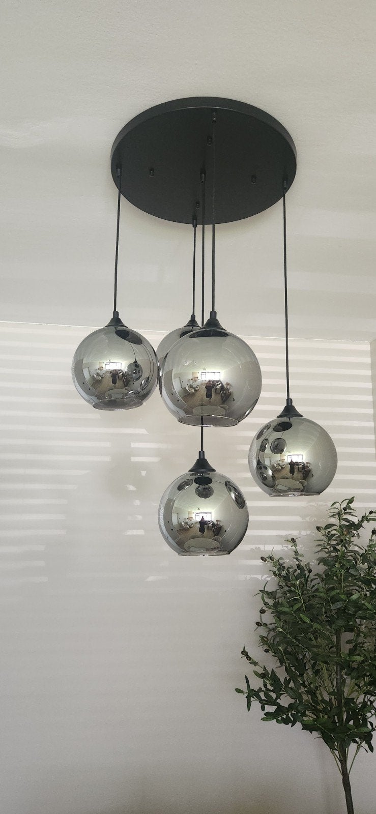 Hanglamp met 5 glazen bollen - Smoke spiegel effect, Ophalen, E27 (groot), Zo goed als nieuw, Glas
