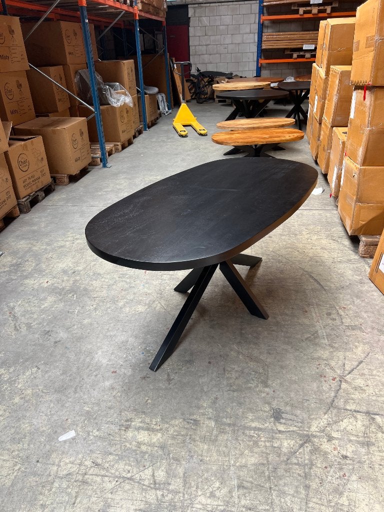 Deens ovale eettafel 170x90cm black mango incl. spinpoot, Ophalen, Nieuw, 50 tot 100 cm, 150 tot 200 cm
