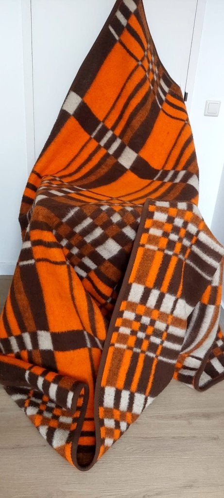 Vintage jaren 70 deken 165x225 | Retro oranje bruin plaid, Eu, Eenpersoons, Eu, Overige materialen