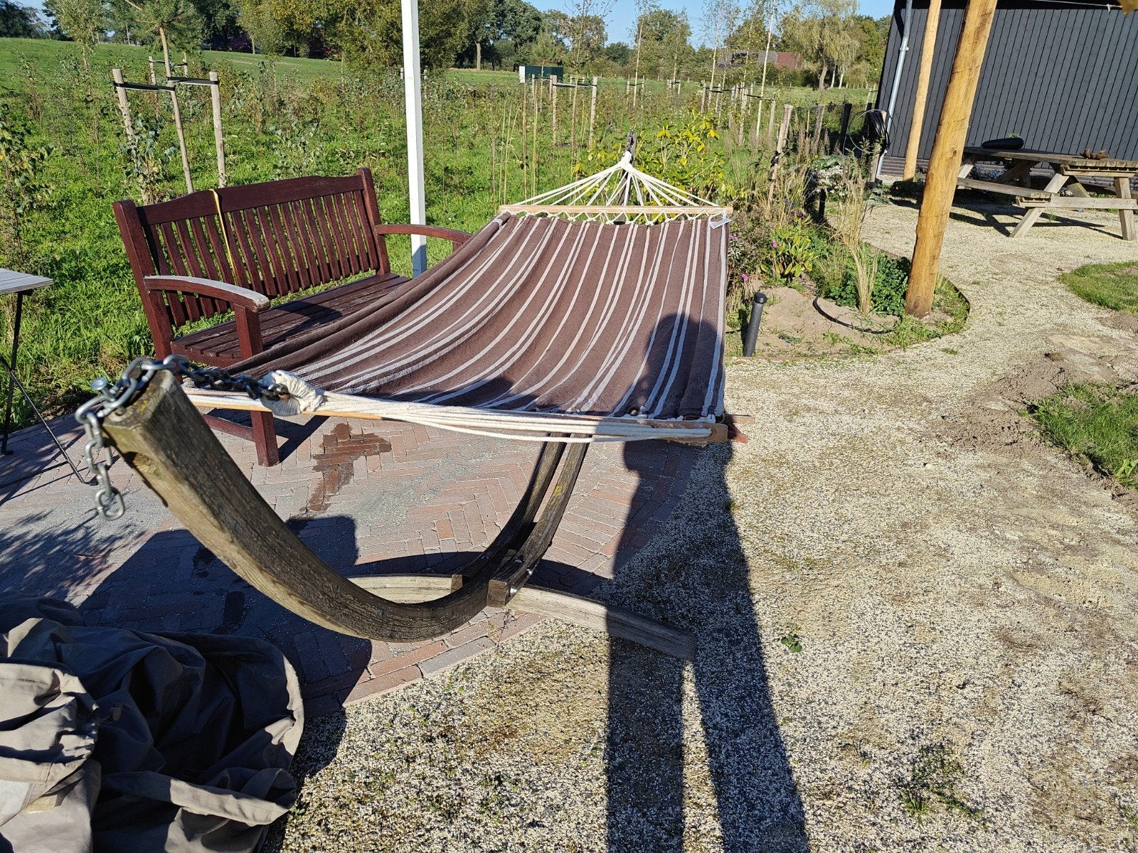 Amazonas - hardhouten hangmat standaard + hangmat, Ophalen, Gebruikt, Met standaard, Eenpersoons