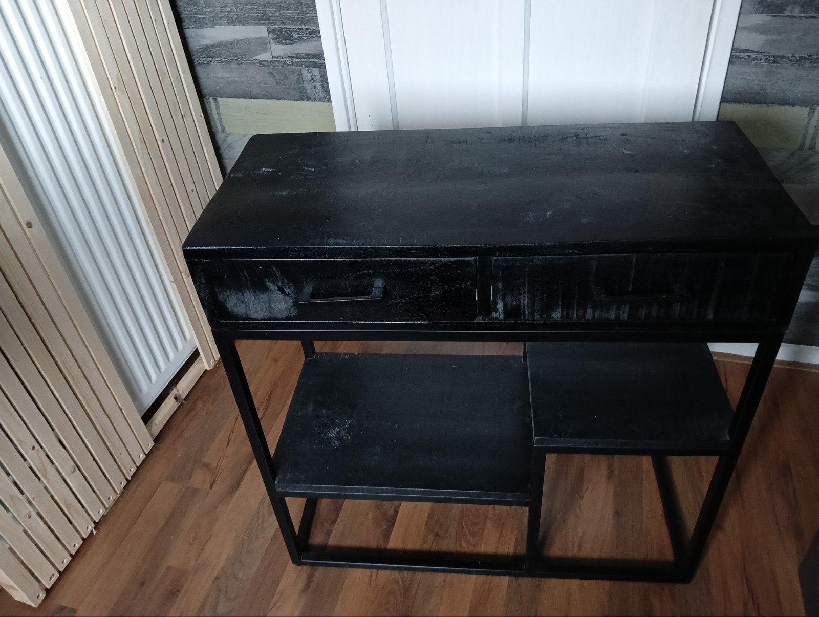 Zwart dressoir met lades en open vakken, Gebruikt, Ophalen of Verzenden, 75 cm of meer, 60 cm of meer
