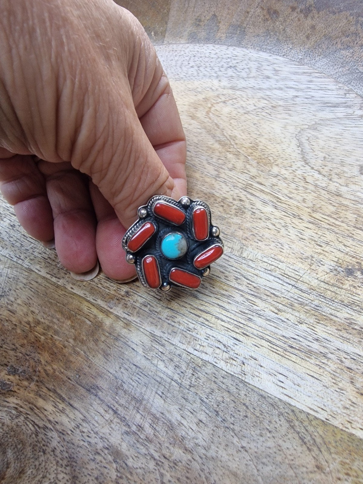 Zilveren ring met koraal en turkoois, Ophalen of Verzenden, Zo goed als nieuw, Dame, Rood
