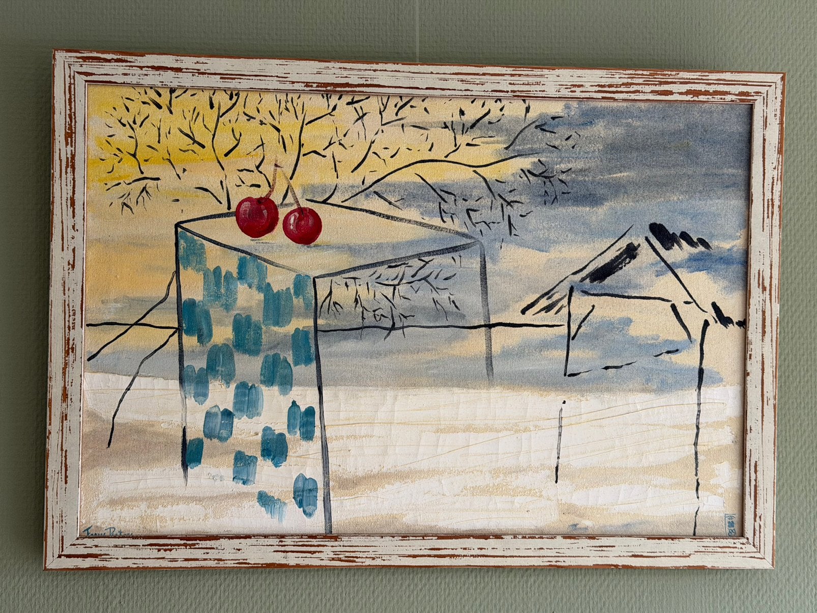 Frans Peeters. Landschap met kersen 1989, Antiek en Kunst, Ophalen of Verzenden, Handgeschilderd, Abstract