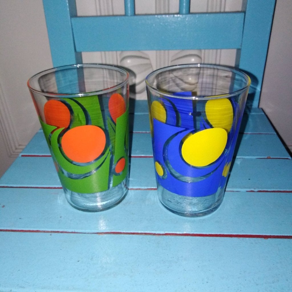 Vintage limonade glaasjes gele en oranje bollen logo 2x, Ophalen, Glas of Glazen, Gebruikt, Glas