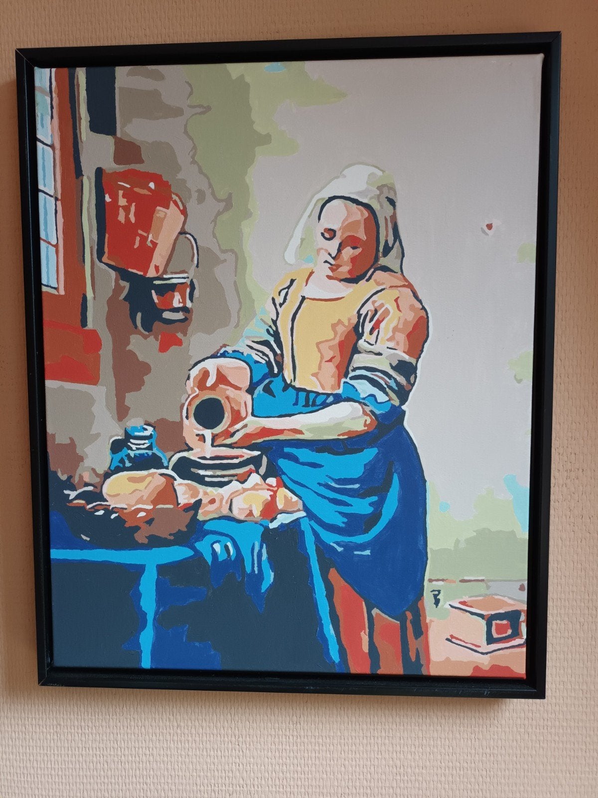 Het melkmeisje. Schilderij 40x50 cm., Acrylverf, Handgeschilderd, Doek, Portret of Personen