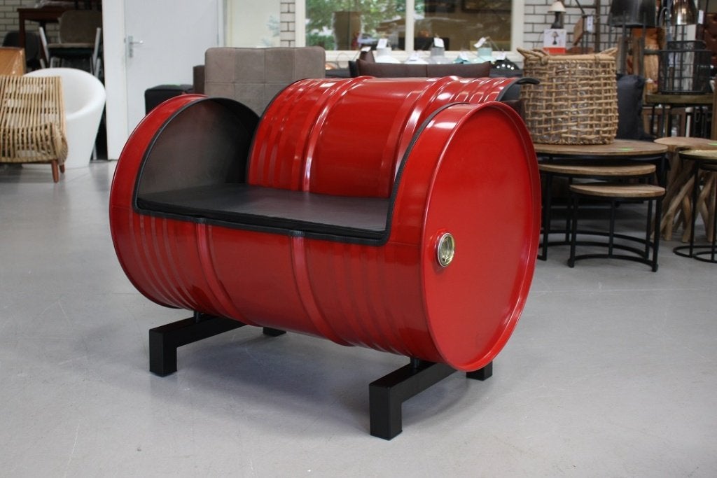 Stoer bankje / fauteuil van een olievat industrieel mancave, Ophalen, Nieuw, 75 tot 100 cm, 75 tot 100 cm