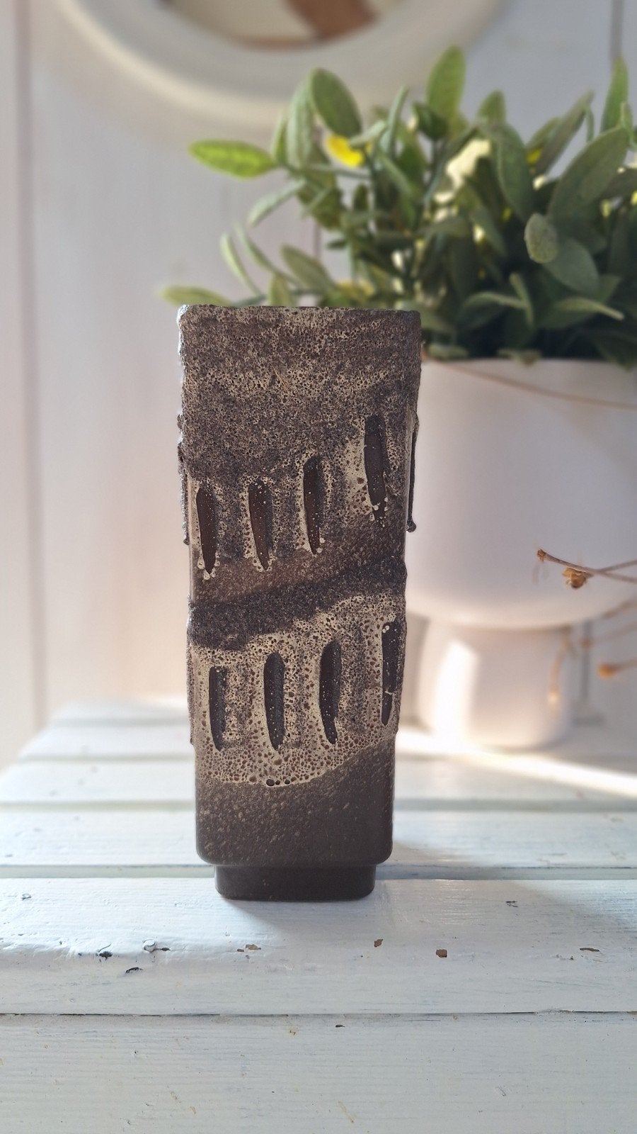 Vintage lava vaasje in bruintinten, blokmodel - H17, Ophalen of Verzenden