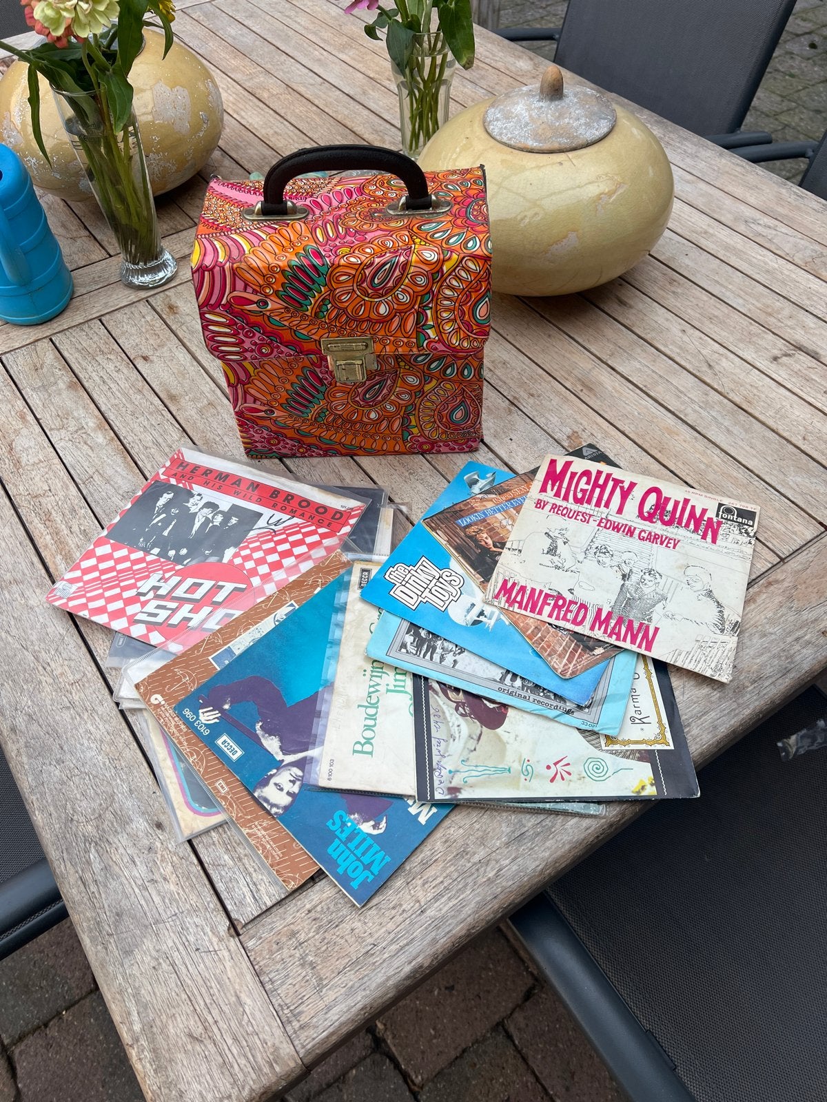 Vintage 7 inch singles collectie met draagkoffer (13 stuks), Gebruikt, 7 inch, Ophalen of Verzenden, Pop