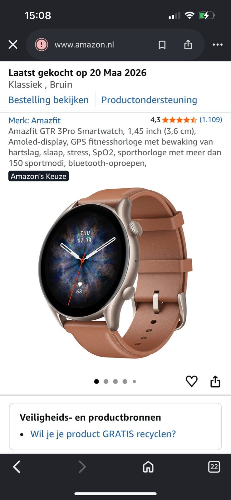 Amazfit GTR 3 Pro Smartwatch - Klassiek Bruin, Hartslag, Ophalen of Verzenden, Zo goed als nieuw, Waterdicht