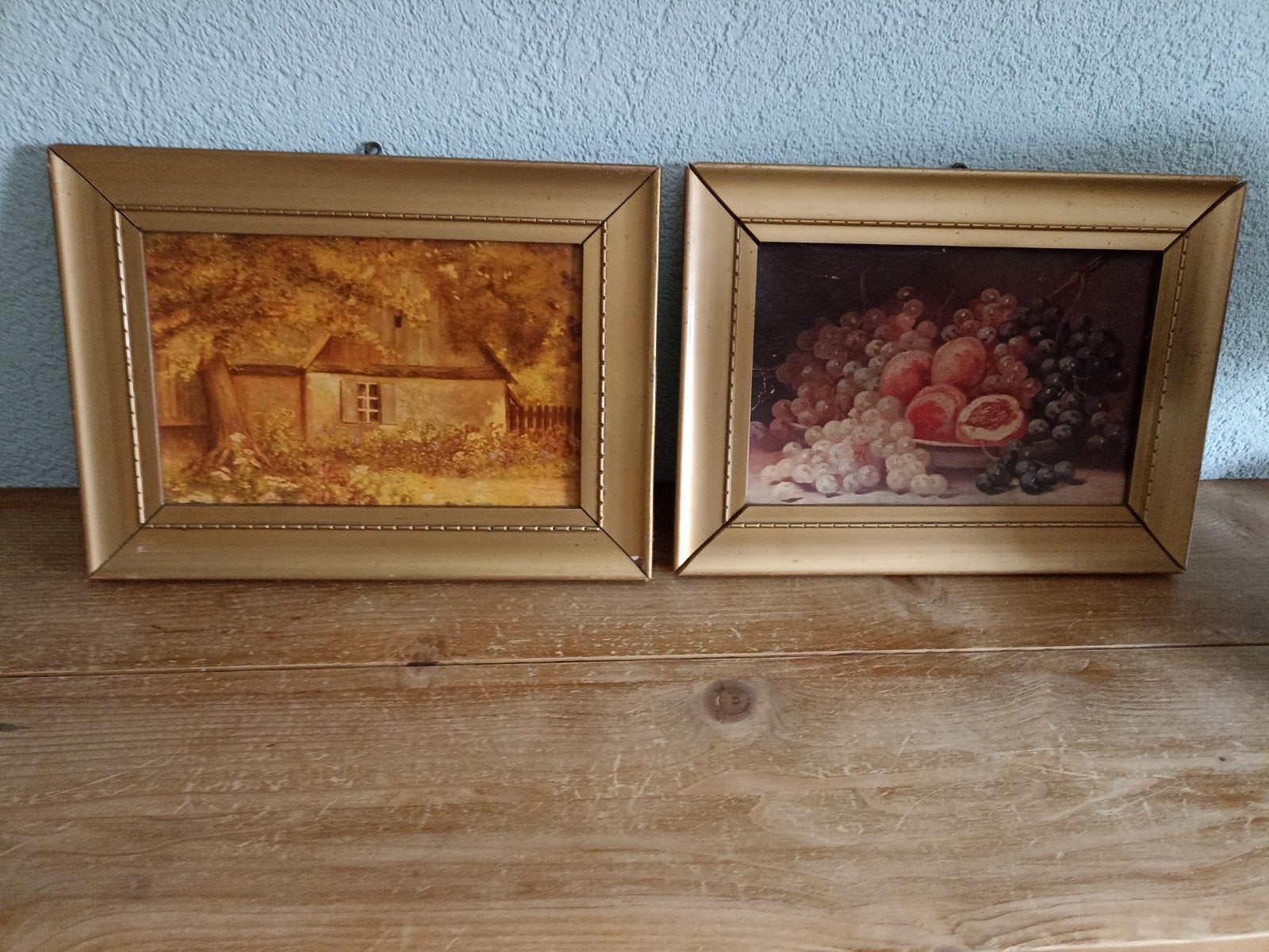 Set van 2 Klassieke Schilderijtjes: Stilleven en Landschap, Paneel, Handgeschilderd, Stilleven, Ophalen of Verzenden