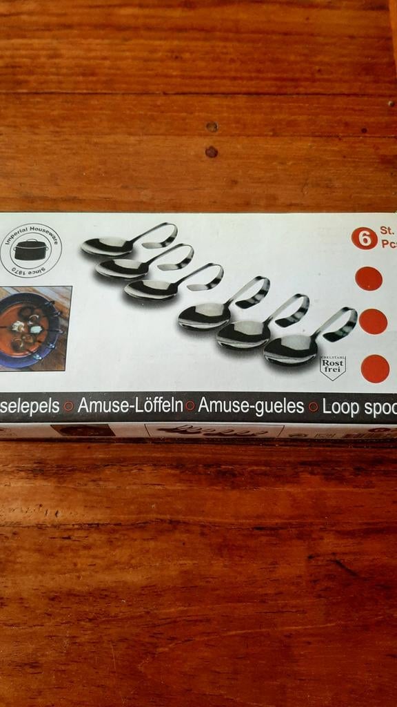 Zes maal rvs amuselepels,  nieuw in doos., Huis en Inrichting, Keuken | Bestek, Ophalen of Verzenden, Nieuw, Rvs of Chroom