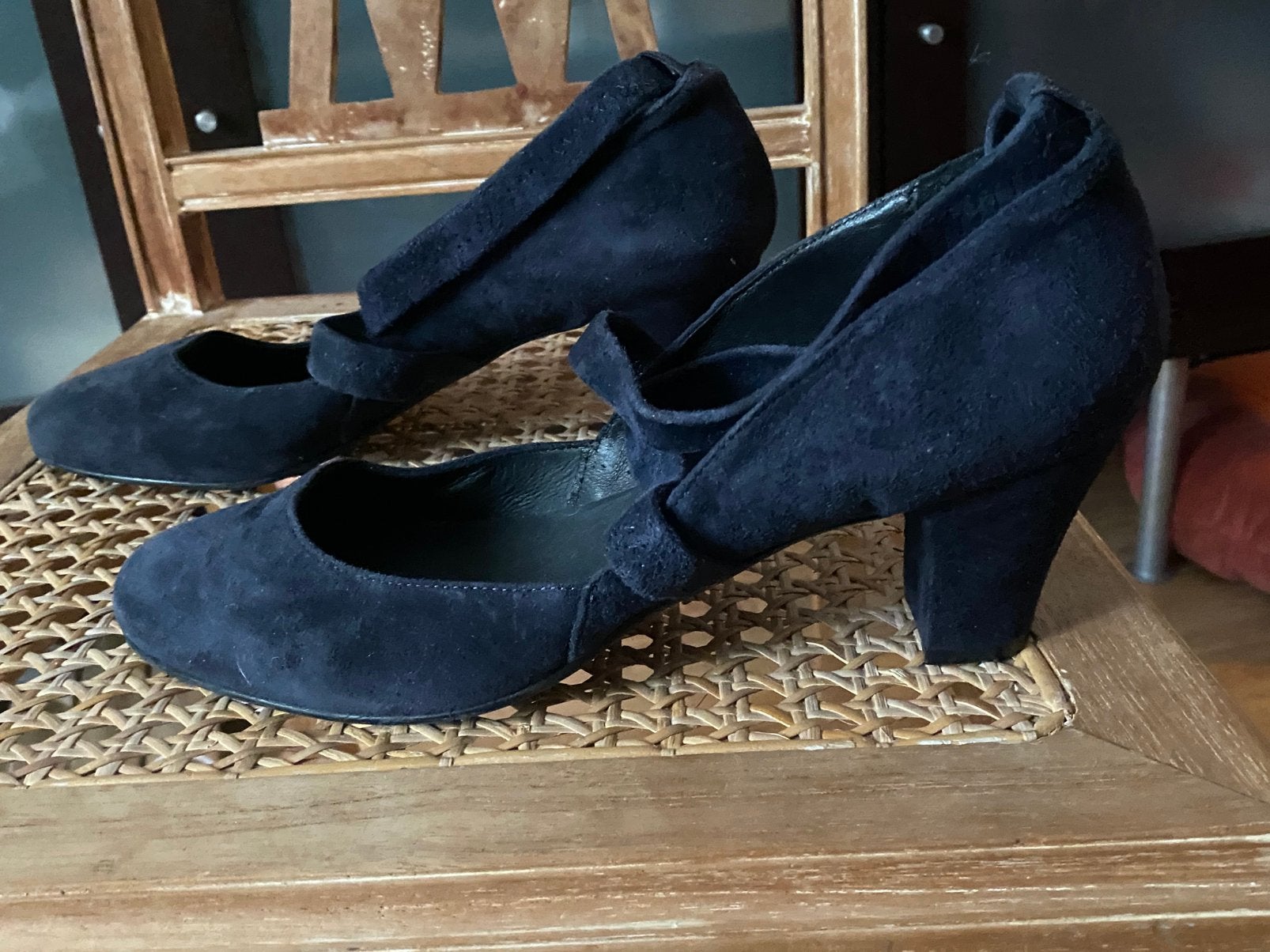 Manfield donkerblauwe suede open schoenen maat 40, Ophalen of Verzenden, Zo goed als nieuw, Schoenen