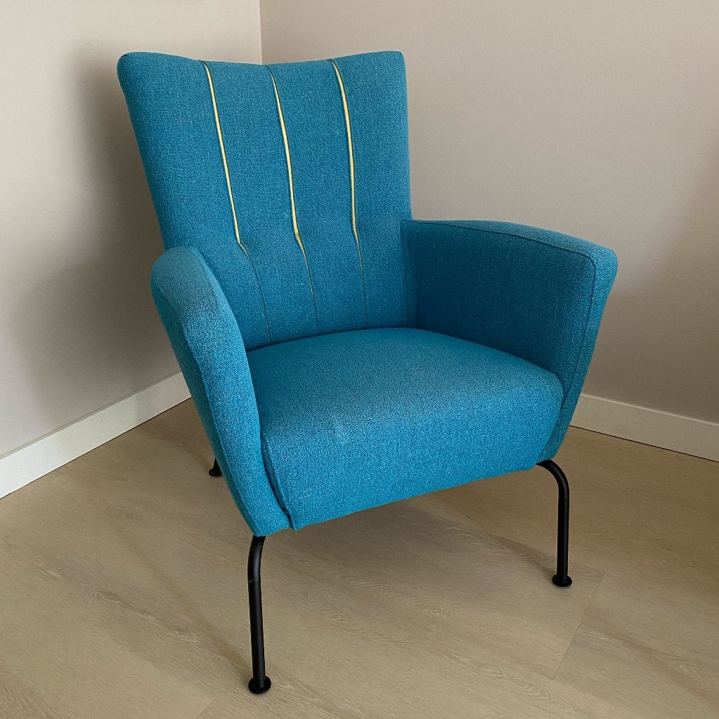 Prachtige Design Fauteuil Hulshoff – Blauw – Topconditie, Ophalen, Minder dan 75 cm, Leer, Zo goed als nieuw