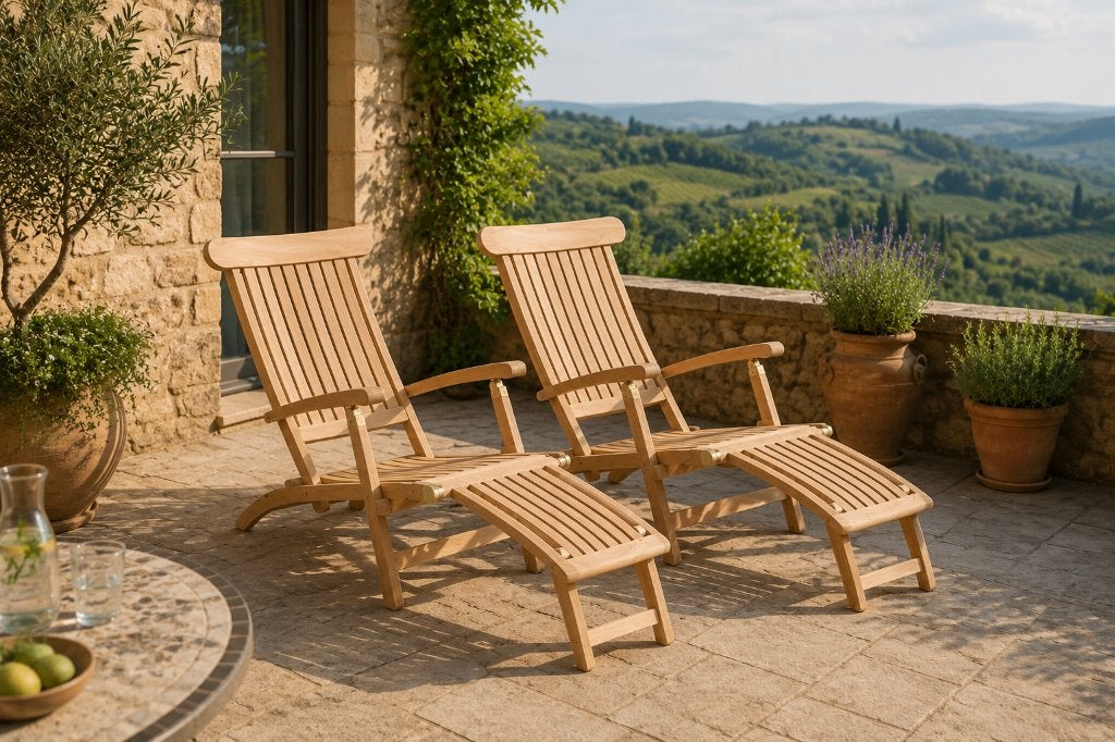 Teak Deckchair VIP set van 2  AANBIEDING, Ophalen, Nieuw, Teakhout, Inklapbaar