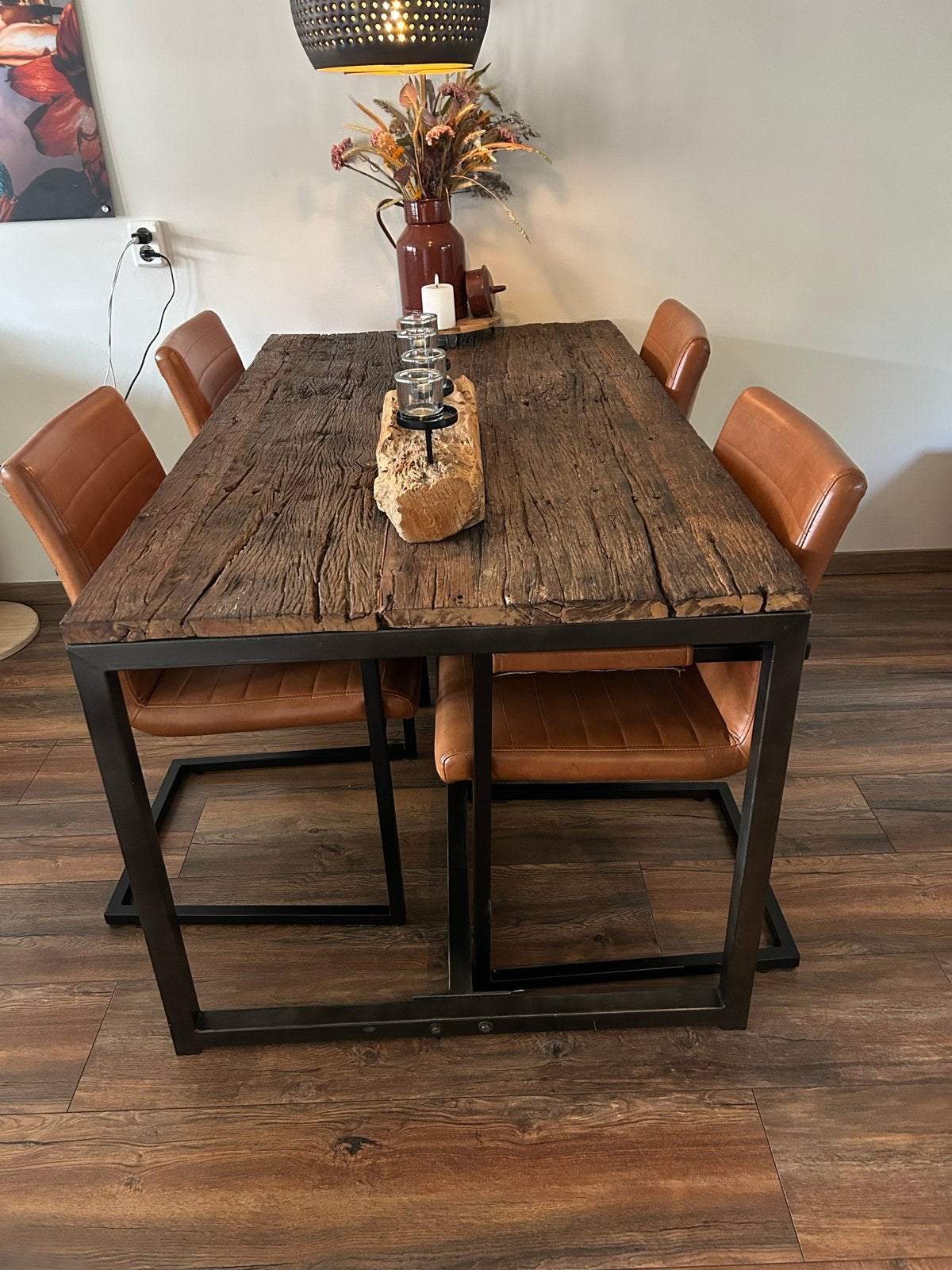 Robuuste eettafel 160x90 met 4 leren stoelen, Huis en Inrichting, Ophalen, Gebruikt, 50 tot 100 cm, 150 tot 200 cm