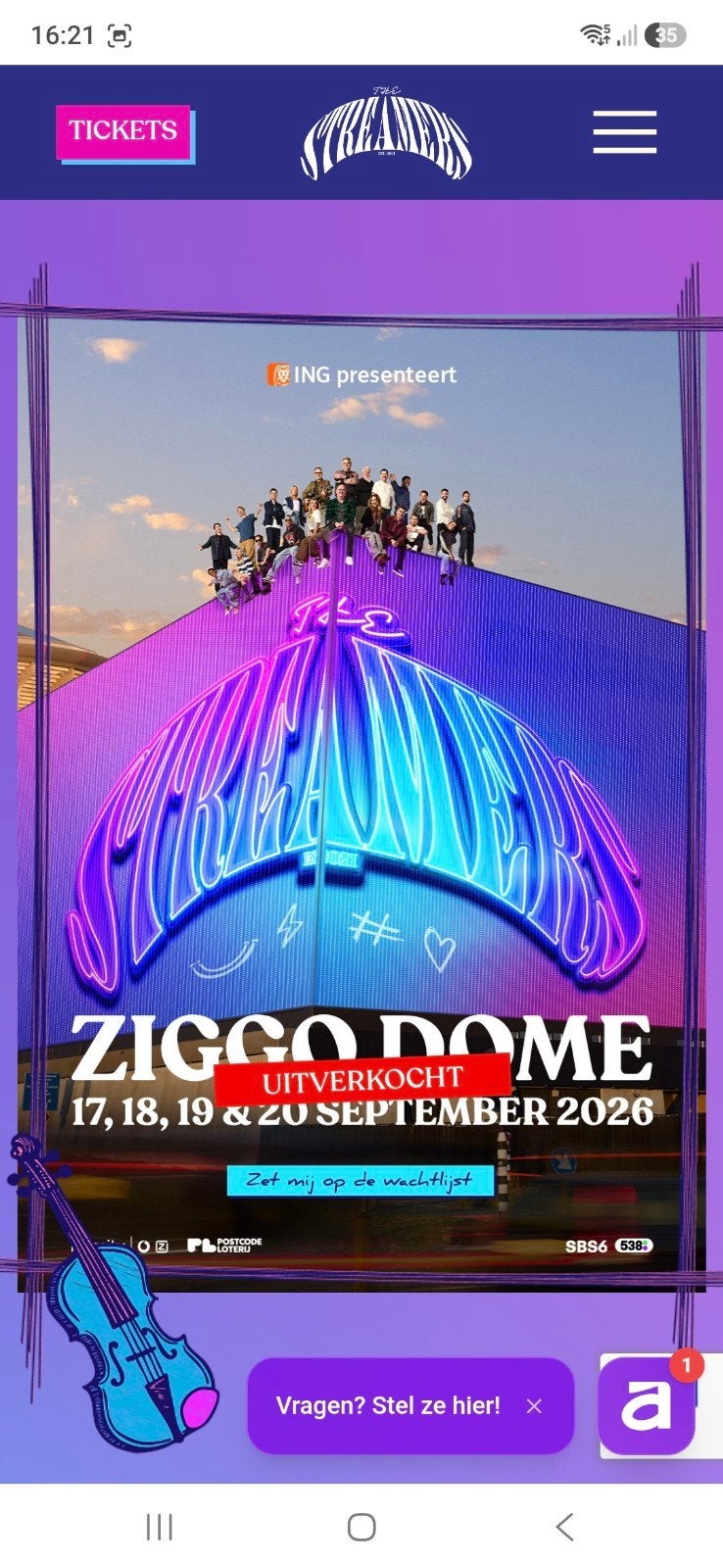 4 tickets staanplaatsen streamers 20 september, Drie personen of meer, September