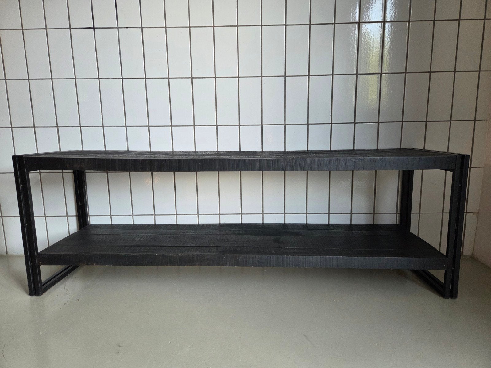 Sidetable, dubbel, zwart staal en hout., Ophalen, Overige materialen, Gebruikt, 150 tot 200 cm