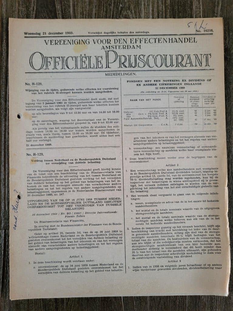 Officiele Prijscourant 21 december 1960, Ophalen of Verzenden, 1960 tot 1980, Krant