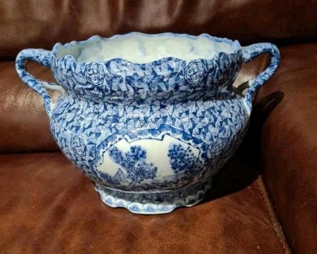 Antieke blauw-witte bloempot met handvatten, Ophalen of Verzenden