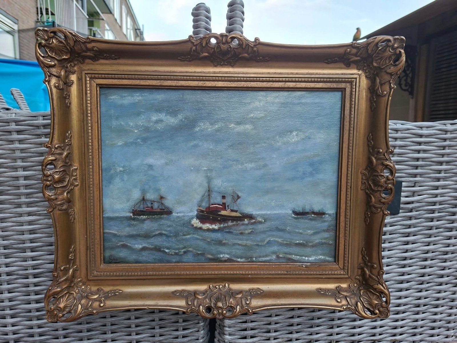 Schilderij op linnen: Maritiem tafereel met schepen, Maritiem / water, Doek, Ophalen of Verzenden, Olieverf