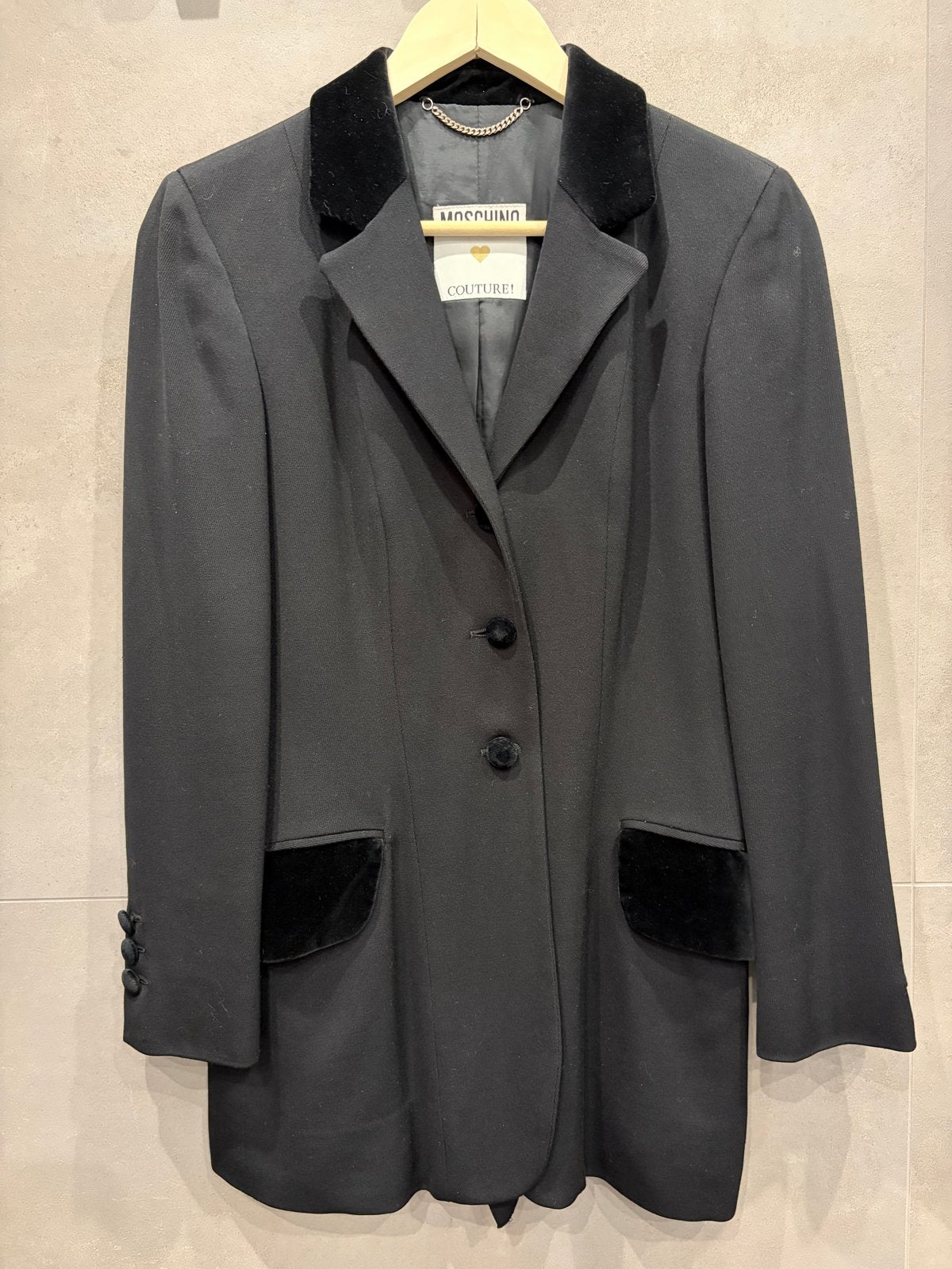 Moschino Couture 100% wollen blazer met fluwelen details, Zwart, Ophalen of Verzenden, Jasje, Maat 34 (XS) of kleiner