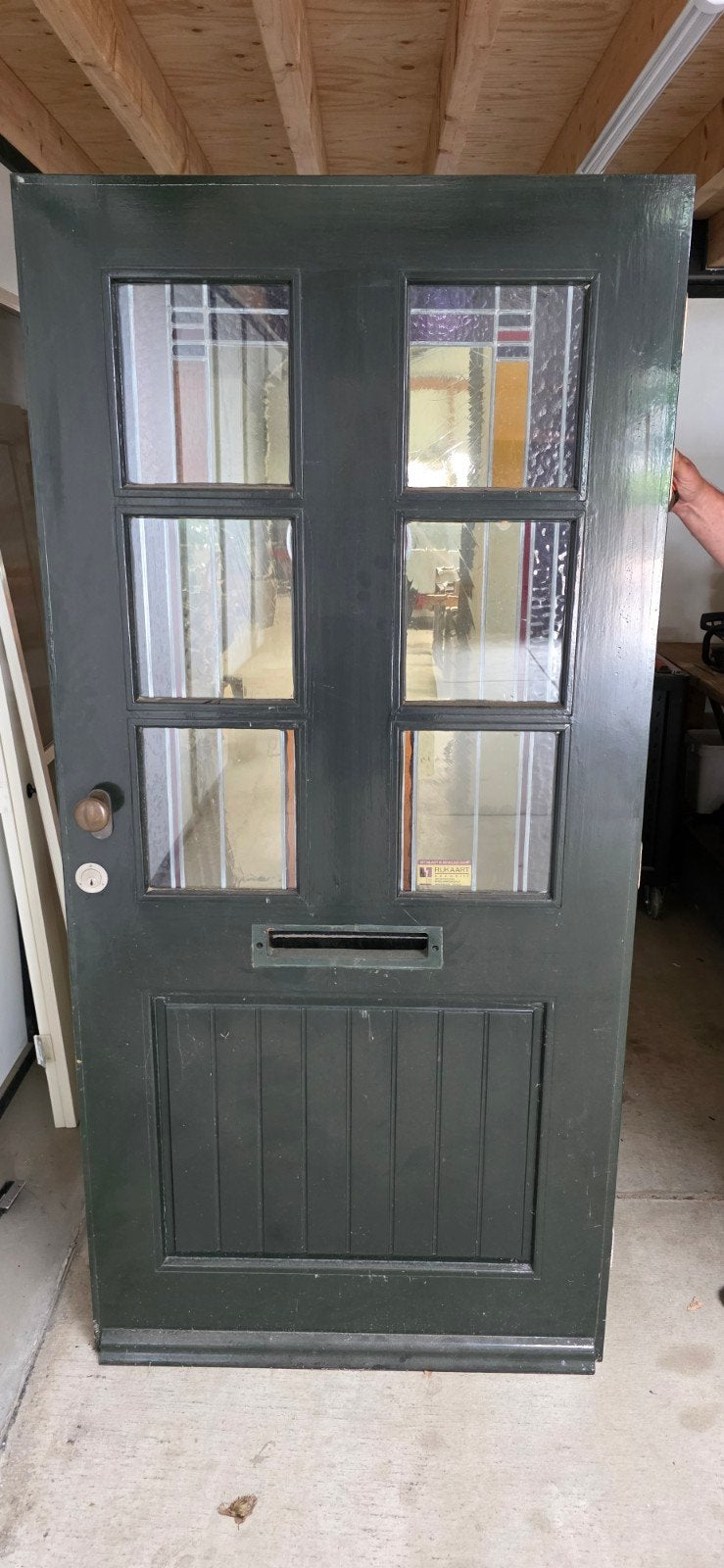 Vintage Buitendeur met Glas-in-lood en Brievenbus, Ophalen, Gebruikt, 80 tot 100 cm, Buitendeur