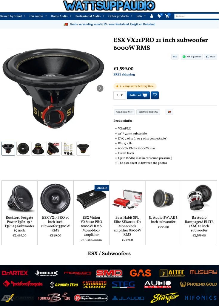 ESX VX21PRO 21 inch subwoofer 6000W RMS / 12000W, Audio Design, Nieuw, Am Breilingsweg 3, 76709 Kronau, Duitsland, Ophalen of Verzenden