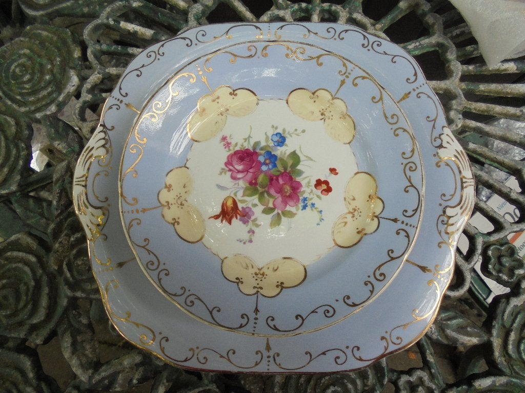 Old English J & G gebakstel licht blauw - groot bloemboeket, Antiek en Kunst, Ophalen of Verzenden