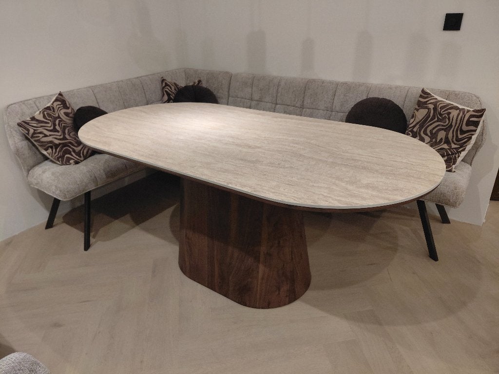 Japandi Eettafel Walnoot/Keramiek 180 x 90 cm, Ophalen, Nieuw, 50 tot 100 cm, Vijf personen of meer