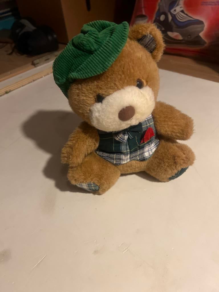 Schattige teddybeer met geruit vestje en groene pet, Beer, Ophalen of Verzenden, Zo goed als nieuw, Middelgroot (20 tot 80 cm)