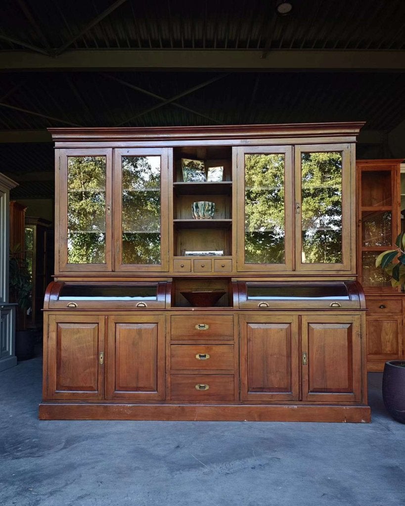 Grote teakhouten winkelkast | Apothekerskast rond glas #9988, Huis en Inrichting, Gebruikt, -, 200 cm of meer, Glas