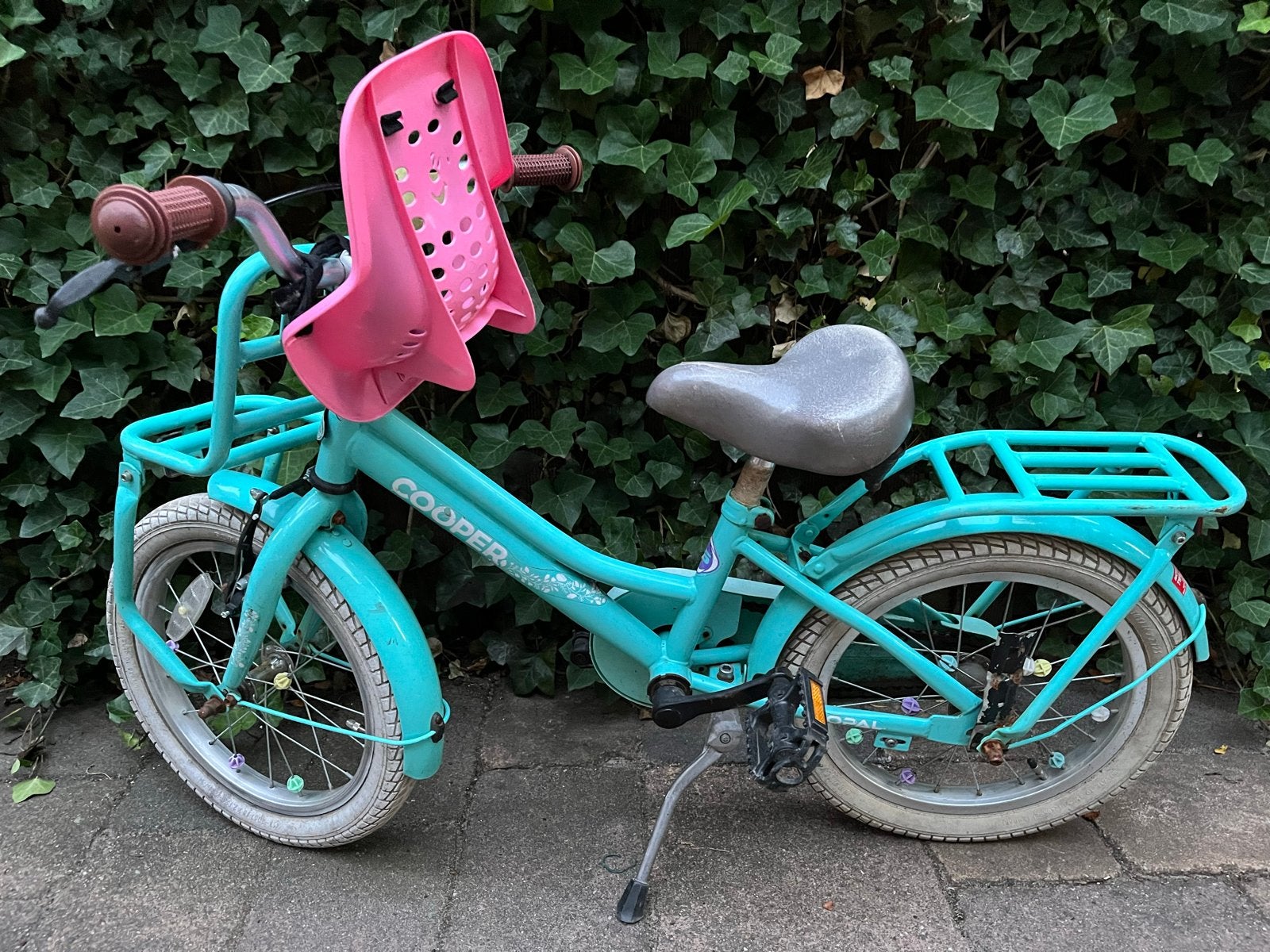 Cooper kinderfiets 16 inch met voorzitje en bagagedrager, Ophalen, Gebruikt, Terugtraprem, 16 tot 20 inch
