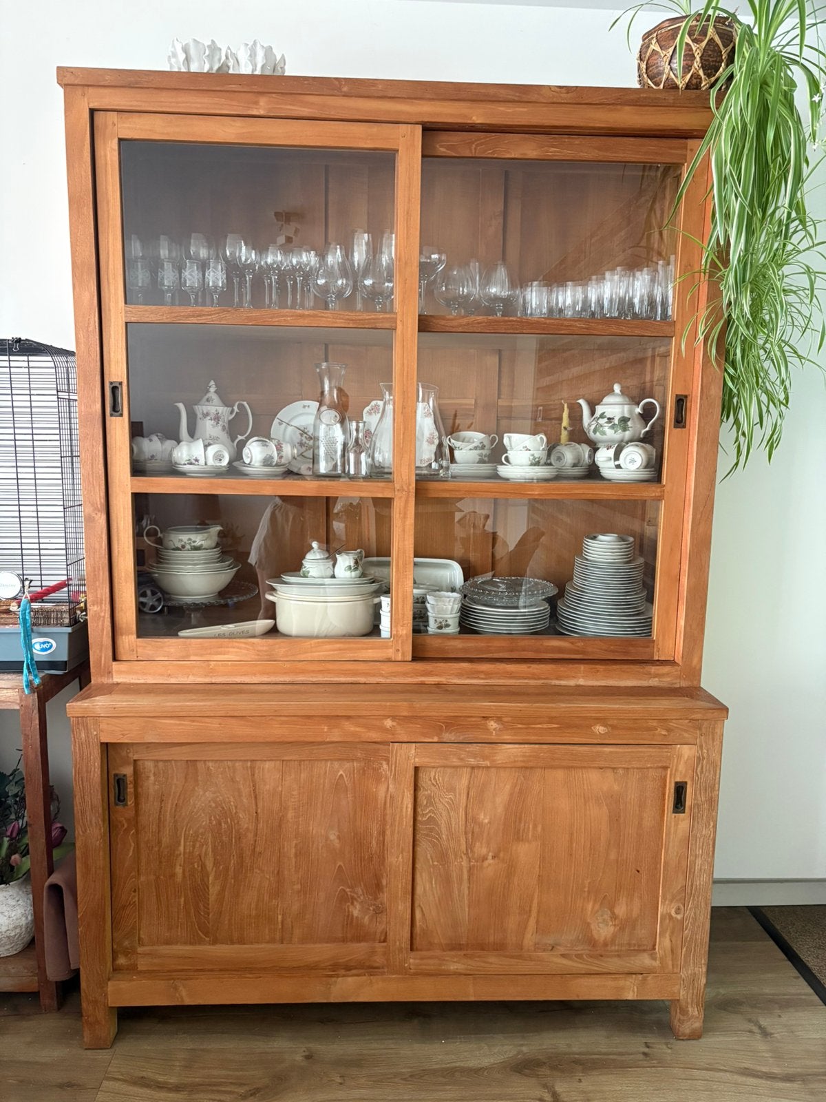 Teak houten buffet kast twee delen met schuifdeuren, Ophalen, Met plank(en), Gebruikt, 200 cm of meer