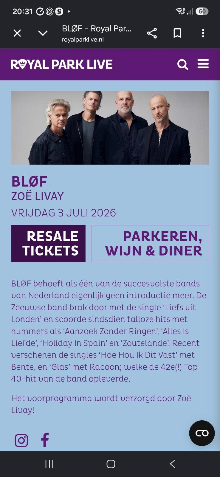 2 kaartjes blof royal park live, Twee personen, Juli