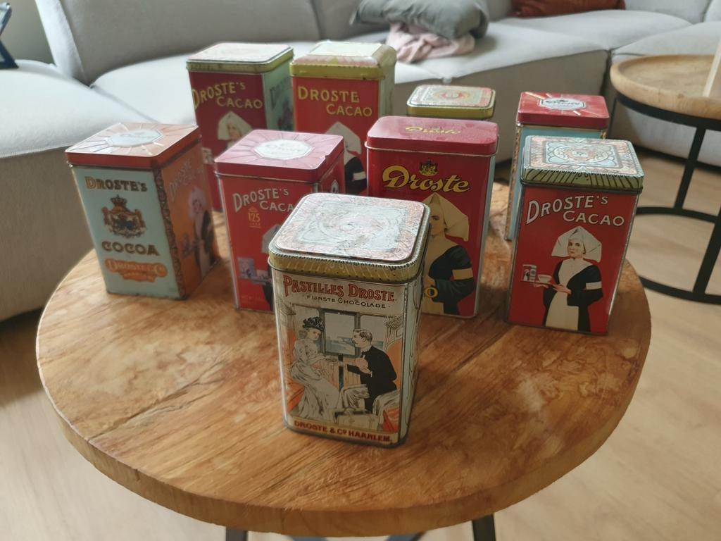 9 droste bakjes blikken diverse maten, Verzamelen, Ophalen of Verzenden, Gebruikt, Poppenhuis