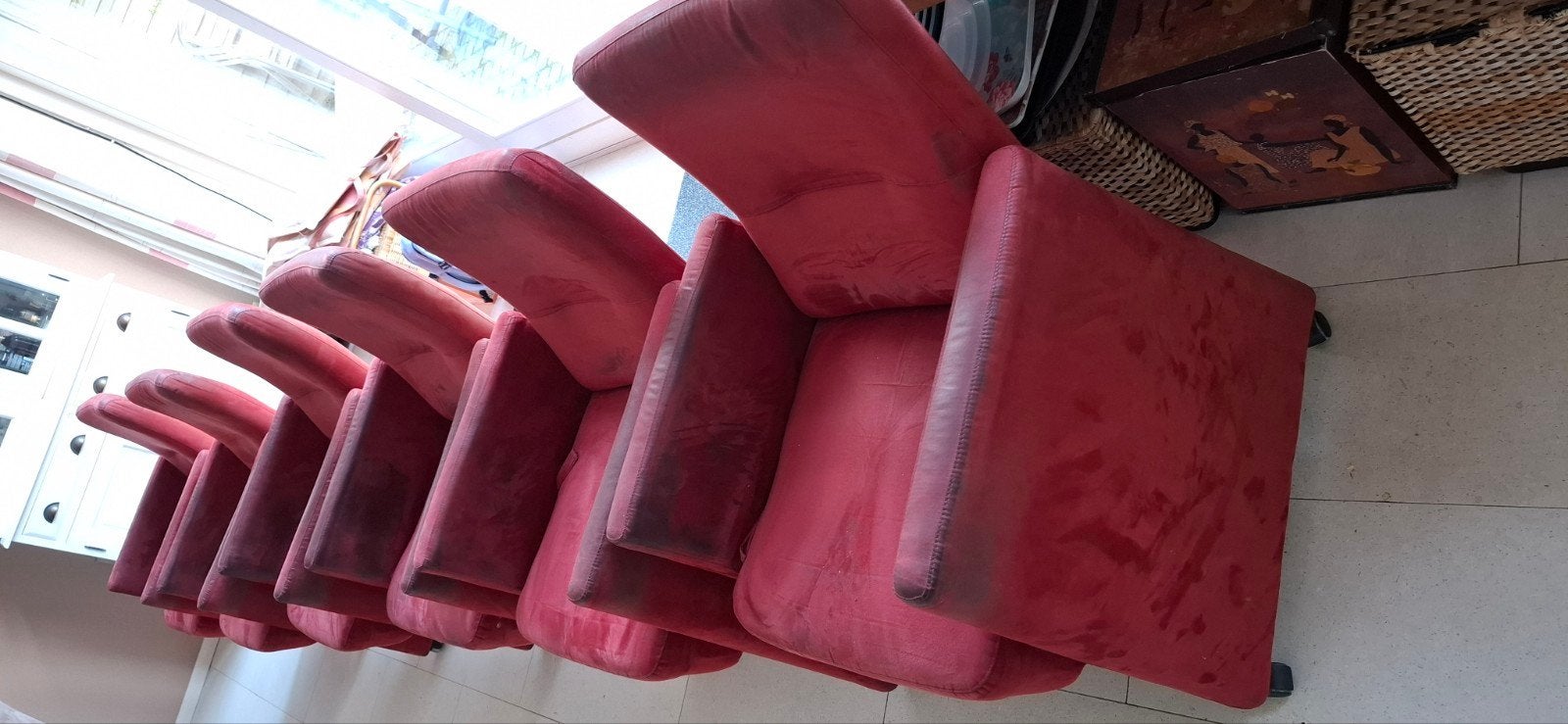 Set van 6 rode eetkamerstoelen - Gebruikt, Ophalen, Gebruikt, Tijdloos, Stof