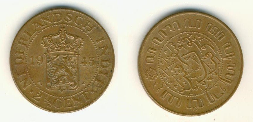 Nederlandsch Ned Indie 2 ½ cent 1945 WO2 Munt c-300 jdu, Postzegels en Munten, Ophalen of Verzenden, Koningin Wilhelmina, Overige waardes