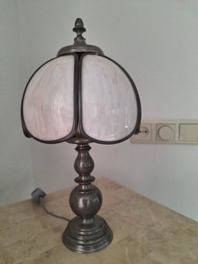Tinnen lampje met tiffany glas., Antiek en Kunst, Ophalen of Verzenden