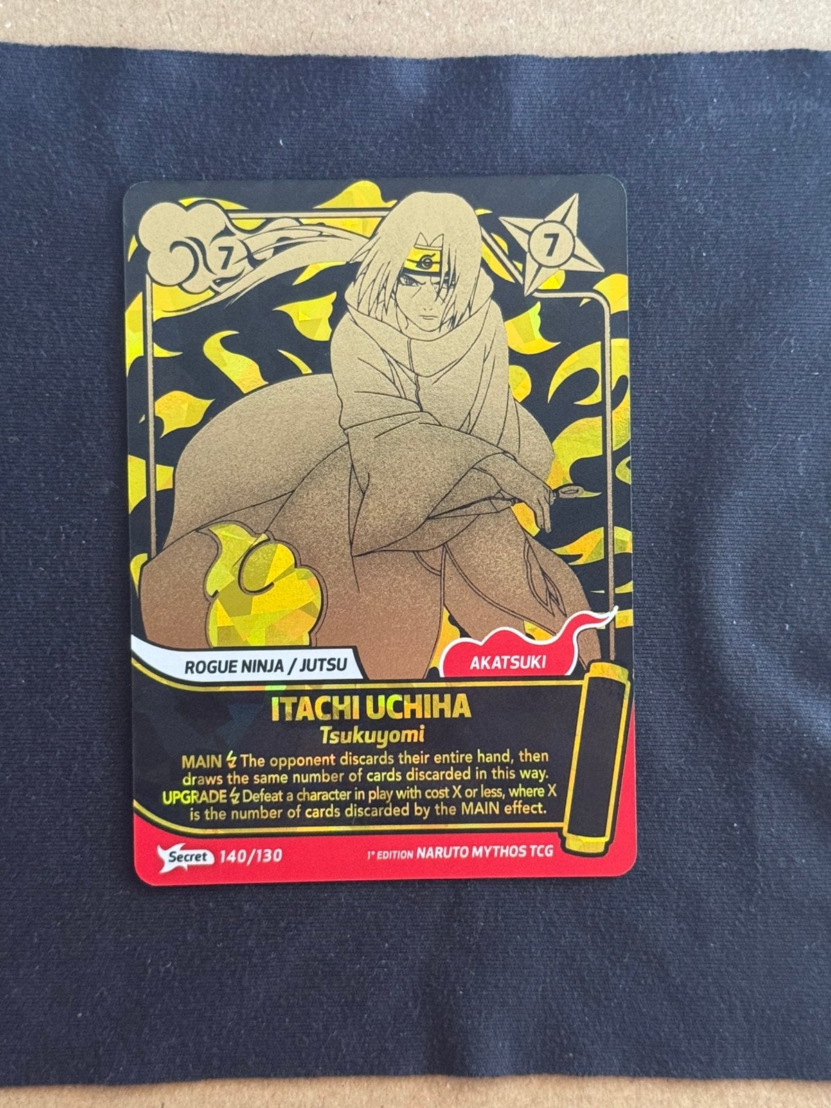 Naruto Mythos tcg 1st Edition Itachi Secret, Ophalen of Verzenden, Zo goed als nieuw, Losse kaart, Foil